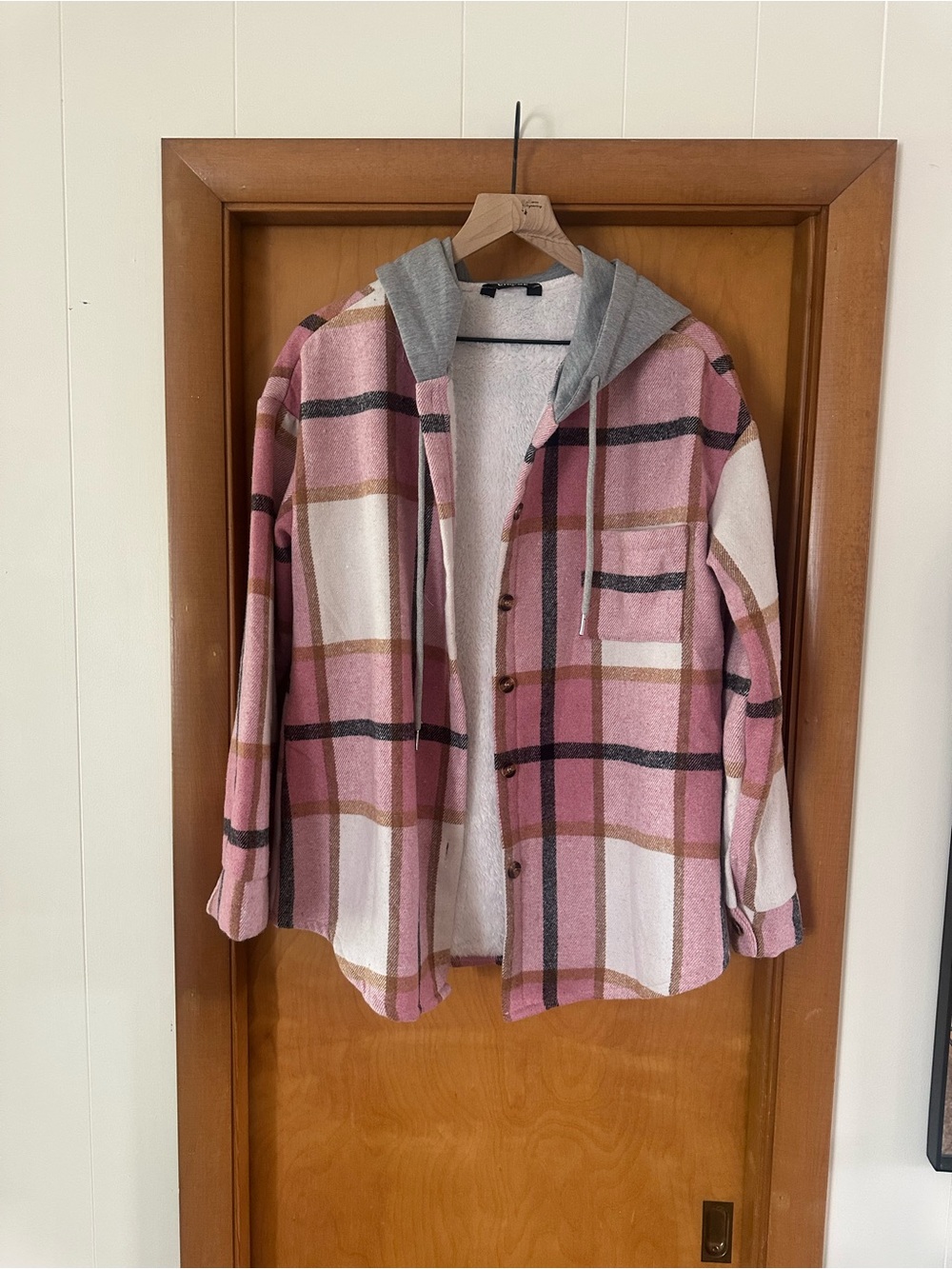Plaid Hooded Button-Up Shirt Jacket in Pink and Cream